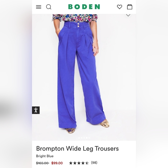 Boden Brompton Wide-Leg Pleated Trousers High Waist Blue Casual Cotton Pants 12R - Picture 12 of 12